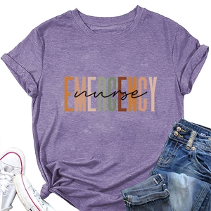 Flat lay of purple emergency nurse t-shirt with rolled sleeves and denim jeans