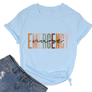 Flat lay of light blue emergency nurse T-shirt with front knot and denim jeans