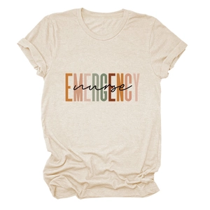 Detail of emergency nurse text print on beige cotton t-shirt with soft fabric texture