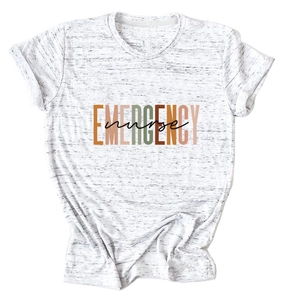Close-up of heather white T-shirt featuring EMERGENCY nurse print in bold graphic design