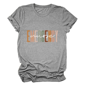 Detailed close-up of heather grey short sleeve t-shirt with emergency nurse print design