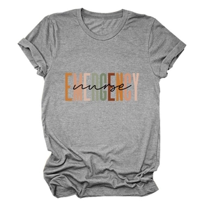 Detail of grey heather t-shirt featuring emergency nurse print and round neckline