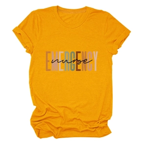 Detailed close-up of Emergency Nurse print on ginger yellow cotton short sleeve T-shirt