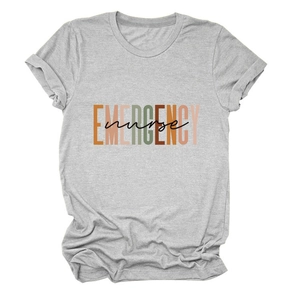 Close-up of Emergency Nurse print on grey short sleeve cotton T-shirt for women
