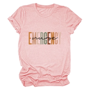Detail of pink heather emergency nurse t-shirt showing fabric texture and typography print