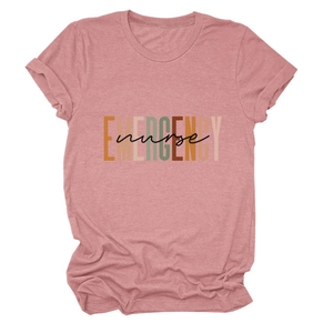 Detail of pink emergency nurse t-shirt with high-quality graphic print on white background