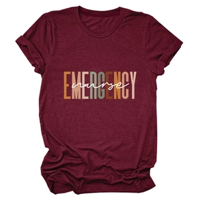 Detail of burgundy heather nurse t-shirt showing the soft cotton texture and graphic print