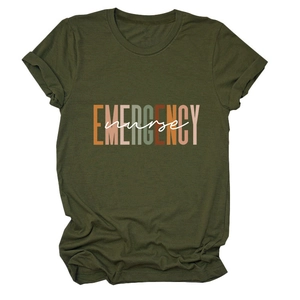 Detail of Emergency Nurse print on olive green cotton crew neck t-shirt with rolled sleeves