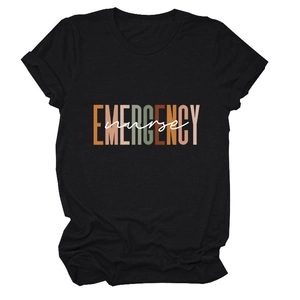 Close-up of Emergency Nurse colorful typography on a black casual short sleeve T-shirt