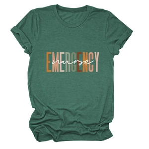 Detail of emergency nurse printed logo on a dark green short sleeve cotton t-shirt