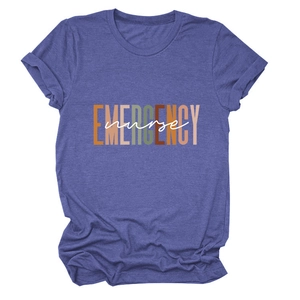 Close-up of Emergency Nurse printed graphic on a blue short-sleeve cotton blend T-shirt