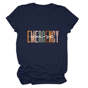 Detailed view of Emergency Nurse text print on navy blue cotton crewneck t-shirt