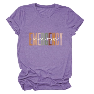 Detail of purple Emergency Nurse T-shirt showing soft knit texture and letter printing