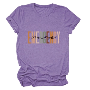 Detail of emergency nurse printed lettering on purple cotton t-shirt with knit texture