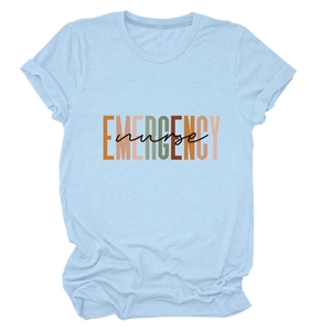 Detail of light blue cotton T-shirt featuring Emergency Nurse graphic print