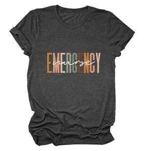Detail of the high-quality cotton fabric and colorful Emergency Nurse print on the dark grey tee
