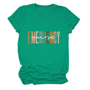 Detail of emerald green t-shirt with Emergency Nurse print on soft cotton fabric