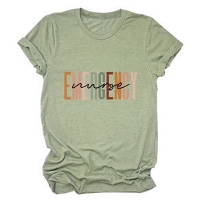 Detail of emergency nurse print on heather green crew neck cotton t-shirt