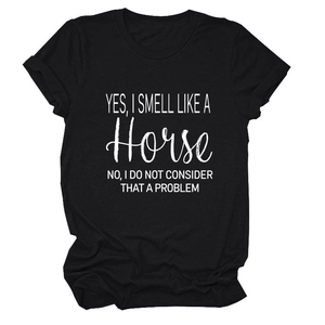 Zwart dames T-shirt met paardenprint tekst en stijlvolle opgerolde korte mouwen katoen