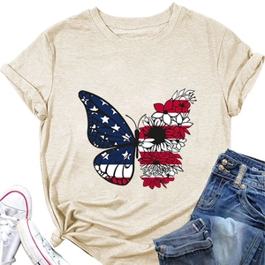 Detail of butterfly t-shirt with American flag print and floral pattern on apricot fabric
