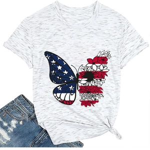 Detail view of women's white heather T-shirt featuring a butterfly American flag print