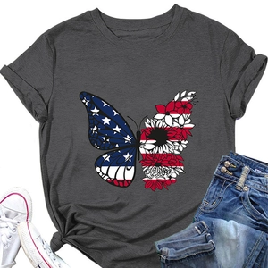 Flat lay of grey cotton T-shirt featuring a butterfly print with flag and floral patterns