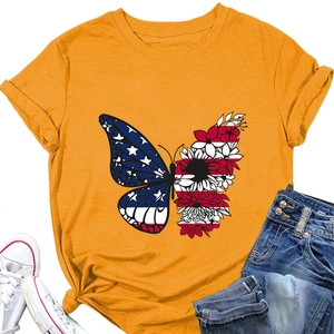 Detail of summer T-shirt featuring butterfly American flag and floral sunflower graphic