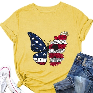 Flat lay of yellow t-shirt with patriotic butterfly and flower print for summer