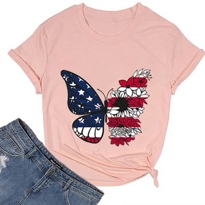 Detailed flat lay of pink butterfly t-shirt with American flag floral print and round neck
