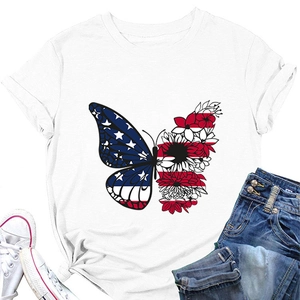 Detail of white t-shirt featuring a unique butterfly floral print with American flag elements