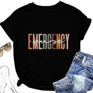 Women Emergency Nurse Graphic T-Shirt Short Sleeve Crew Neck Cotton Blend Casual Letter Print Top
