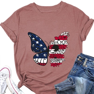 Detail of creative butterfly American flag print on a soft rose-colored crewneck t-shirt