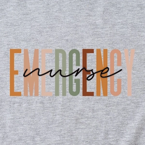 Gray cotton T-shirt featuring a colorful Emergency Nurse typography print for women
