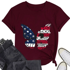 Burgundy T-shirt detail with butterfly American flag print and knotted hem design