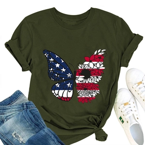 Flat lay of army green T-shirt with butterfly flag print and rolled-up sleeve detail