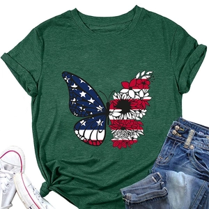 Detail of dark green t-shirt with butterfly flag floral print and denim jeans