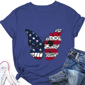 Detail of dark blue T-shirt featuring butterfly print with US flag and floral patterns