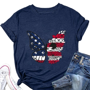 Flat lay of navy blue cotton t-shirt with butterfly American flag and floral print