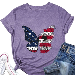 Detail of purple T-shirt featuring a butterfly flag print and stylish side knot design