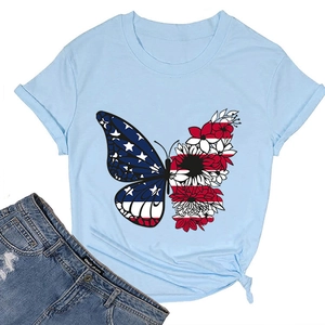 Detail of butterfly print with American flag and floral design on light blue t-shirt
