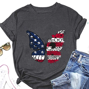 Detail view of women's grey t-shirt featuring American flag butterfly floral graphic