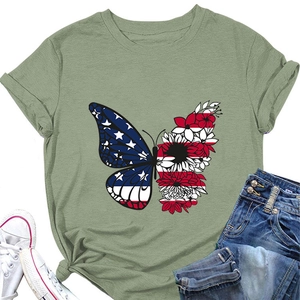 Detail of sage green T-shirt with patriotic butterfly print and floral flag pattern