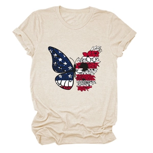 Detail of oatmeal t-shirt with creative butterfly print featuring US flag and floral wings