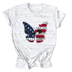 Detail of heathered gray t-shirt featuring American flag butterfly and floral print