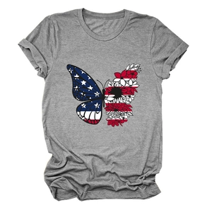 Detail of grey t-shirt showing creative butterfly print with US flag and floral patterns
