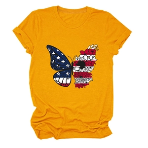 Detailed view of butterfly print with American flag and floral patterns on yellow T-shirt