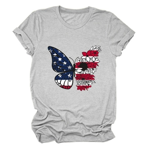 Detail of grey butterfly T-shirt with American flag wing and floral pattern collage