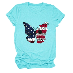 Light blue crew neck t-shirt with butterfly American flag and floral print design