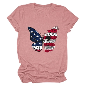 Short sleeve T-shirt in dusty pink featuring butterfly print with flag and floral details