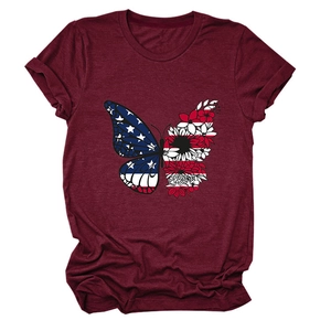 Close-up of wine red T-shirt featuring a butterfly with American flag and floral patterns